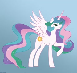 Size: 2048x1923 | Tagged: safe, artist:home-made, princess celestia, alicorn, pony, g4, character to character, female, gradient background, griffon to pony, mare, raised hoof, smiling, solo, spread wings, transformation, transformation sequence, wings