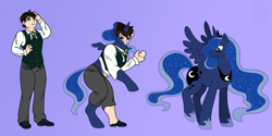 Size: 2718x1355 | Tagged: safe, artist:home-made, princess luna, alicorn, human, pony, g4, gradient background, human to pony, spread wings, transformation, transformation sequence, wings