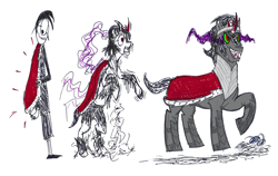 Size: 3172x2000 | Tagged: safe, artist:rolandlatorespeed, king sombra, human, pony, unicorn, g4, cape, clothes, corrupted, high res, horn, human to pony, male, simple background, sombra's cape, transformation, transformation sequence, white background