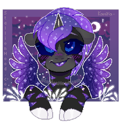 Size: 600x600 | Tagged: safe, artist:zakypo, oc, oc only, oc:prince tahranu, oc:thu, alicorn, pony, :p, ahegao, cloven hooves, crescent moon, digital art, male, moon, open mouth, pixel art, silly face, solo, stallion, tongue out