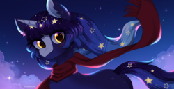 Size: 2490x1285 | Tagged: safe, artist:avrameow, oc, oc only, pony, unicorn, clothes, cloud, commission, horn, scarf, solo, stars, unicorn oc, ych result