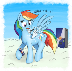 Size: 1418x1395 | Tagged: safe, artist:eels, rainbow dash, pegasus, pony, seraph, g4, cloud, double wings, drink, energy drink, exclamation point, female, interrobang, mare, multiple wings, onomatopoeia, open mouth, question mark, red bull, shocked, shocked expression, solo, spread wings, vending machine, wings