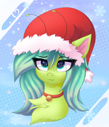 Size: 3000x3500 | Tagged: safe, artist:gaffy, oc, oc:starzie, pony, :3, abstract background, art trade, bell, bust, chest fluff, christmas, eye clipping through hair, hat, holiday, portrait, santa hat, smiling