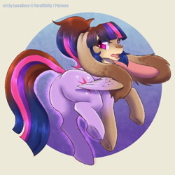 Size: 1280x1280 | Tagged: safe, artist:lunabara, twilight sparkle, alicorn, pony, rabbit, g4, animal, butt, female, furry, furry to pony, looking back, mid-transformation, plot, solo, transformation, twilight sparkle (alicorn)