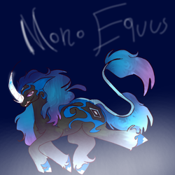 Size: 1280x1280 | Tagged: safe, oc, oc:iobï, classical unicorn, unicorn, black coat, blue mane, blue tail, cloven hooves, curved horn, female, horn, horse eye, leonine tail, mare, marking cutie mark, markings, mono equus, multiple horns, nose horn, old unicorns, purple eyes, small horn, tail, unshorn fetlocks