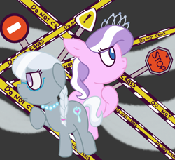 Size: 1150x1050 | Tagged: safe, artist:wanda, diamond tiara, silver spoon, earth pony, pony, g4, cutie mark, female, filly, foal, glasses, looking down, looking up, sign, stop sign