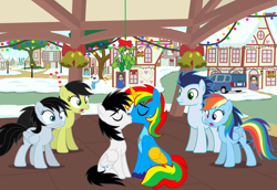 Size: 6749x4648 | Tagged: safe, artist:shieldwingarmorofgod, rainbow dash, soarin', oc, oc:chloe park, oc:sadie park, oc:shane park, oc:shield wing, pegasus, pony, g4, female, gay, kiss on the lips, kissing, male, mare, stallion