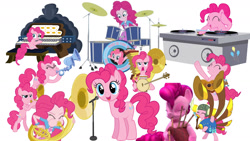 Size: 1280x720 | Tagged: safe, artist:mariahkool, pinkie pie, earth pony, pony, equestria girls, g4, bagpipes, banjo, butt, female, guitar, harmonica, mare, microphone, musical instrument, plot, sitting, solo, tuba, yovidaphone