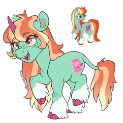 Size: 1181x1178 | Tagged: safe, artist:caffeinatedcarny, bright eyes, pony, unicorn, g1, my little pony tales, cloven hooves, coat markings, colored hooves, colored horn, freckles, gradient mane, hooves, horn, leonine tail, multicolored eyes, redesign, simple background, socks (coat markings), solo, species swap, tail, transparent background, unshorn fetlocks