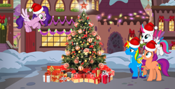 Size: 1518x772 | Tagged: safe, artist:lizzmcclin, pipp petals, sunny starscout, zipp storm, oc, oc:shield wing, earth pony, pegasus, pony, g4, g5, christmas, christmas presents, christmas tree, g5 to g4, generation leap, holiday, outdoors, tree