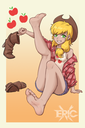 Size: 1000x1500 | Tagged: safe, artist:eric x, applejack, human, g4, barefoot, book, boots, clothes, feet, female, fetish, foot fetish, humanized, looking at you, shoes, solo