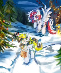 Size: 4000x4800 | Tagged: safe, artist:vanilla-chan, oc, oc only, oc:red wine, oc:yellowglaze, pegasus, pony, unicorn, chest fluff, horn, pegasus oc, snow, tail, two toned mane, two toned tail, unicorn oc, winter