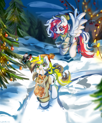 Size: 4000x4800 | Tagged: safe, artist:vanilla-chan, oc, oc only, oc:red wine, oc:yellowglaze, pegasus, pony, unicorn, chest fluff, clothes, horn, pegasus oc, scarf, snow, tail, two toned mane, two toned tail, unicorn oc, winter