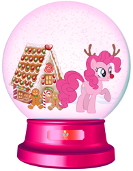 Size: 1700x2177 | Tagged: safe, artist:lizzmcclin, pinkie pie, earth pony, pony, g4, antlers, christmas, female, food, gingerbread (food), gingerbread house, gingerbread man, holiday, reindeer antlers, rudolph nose, rudolph the red nosed reindeer, simple background, snow globe, solo, transparent background