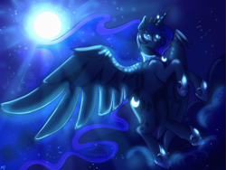 Size: 2048x1536 | Tagged: safe, artist:mystyswirl, princess luna, alicorn, pony, g4, absurd resolution, beautiful, blue eyes, blue mane, blue tail, cloud, crown, digital art, ethereal mane, ethereal tail, eyeshadow, feather, female, flowing mane, flowing tail, flying, gem, glowing, hoof shoes, horn, jewelry, looking at you, majestic, makeup, mare, moon, moonlight, night, peytral, princess shoes, redraw, regalia, signature, sky, solo, sparkles, spread wings, starry mane, starry tail, stars, tail, wings