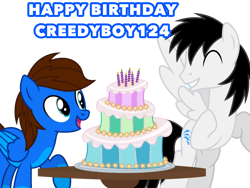 Size: 1024x768 | Tagged: safe, artist:bluemario11, oc, oc only, oc:blue thunder, oc:shane park, pegasus, birthday cake, cake, food, male, simple background, transparent background