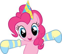 Size: 7024x6188 | Tagged: safe, artist:firlin123, pinkie pie, g4, happy birthday to you!, .svg available, absurd resolution, clothes, female, hat, mare, open mouth, party hat, ponies in socks, simple background, socks, solo, spread hooves, striped socks, svg, transparent background, vector