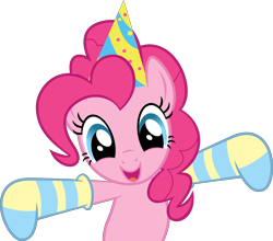 Size: 7024x6188 | Tagged: safe, alternate version, artist:firlin123, pinkie pie, g4, happy birthday to you!, .svg available, absurd resolution, clothes, cute, diapinkes, female, hat, mare, open mouth, party hat, ponies in socks, simple background, socks, solo, spread hooves, striped socks, svg, transparent background, vector