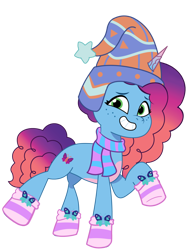 Size: 768x1024 | Tagged: safe, artist:bluemario11, misty brightdawn, pony, unicorn, g5, clothes, female, hat, horn, rebirth misty, scarf, simple background, smiling, solo, transparent background, winter hat