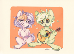 Size: 2560x1859 | Tagged: safe, artist:lilacclime, oc, oc only, oc:energytone, oc:lilac clime, pegasus, pony, unicorn, couple, duo, duo male and female, female, guitar, horn, male, mare, musical instrument, romance, singing, stallion, traditional art, watermark