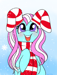 Size: 780x1025 | Tagged: safe, artist:therainbowtroll, minty, earth pony, pony, g3, christmas, christmas stocking, clothes, ear socks, female, holiday, mare, open mouth, open smile, scarf, smiling, snow, snowfall, socks, solo, striped scarf, striped socks, that pony sure does love socks