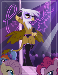 Size: 3893x5001 | Tagged: safe, artist:darkshalls, artist:seurnik, artist:shallarts, fluttershy, gilda, pinkie pie, rainbow dash, earth pony, griffon, pegasus, pony, base used, clothes, commission, eyeshadow, female, fingerless gloves, gildashy, gloves, hoof hold, latex, latex socks, lesbian, makeup, mare, money, panties, ship:gildapie, ship:gildash, shipping, socks, stockings, stripper, stripper pole, thigh highs, underwear, ych result