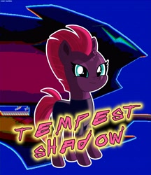 Size: 3338x3870 | Tagged: safe, artist:codenamekid, tempest shadow, pony, unicorn, g4, my little pony: the movie, airship, blue background, broken horn, chromatic aberration, female, horn, looking at you, mare, pixelated, shading, simple background, smiling, smiling at you, solo, spandex, storm king's ship, text, zeppelin