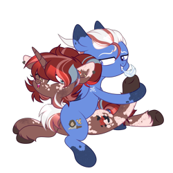 Size: 5500x5500 | Tagged: safe, artist:darkshalls, artist:morello, artist:shallarts, oc, oc:barnburner, oc:vincent friturier, pegasus, pony, unicorn, chest fluff, commission, duo, duo male and female, ear piercing, earring, feather, female, freckles, grin, hoof tickling, horn, jewelry, laughing, lip piercing, lying down, male, mare, markings, mouth hold, multicolored hair, oc x oc, one eye closed, open mouth, piercing, prone, shipping, simple background, sitting on person, sitting on pony, smiling, stallion, straight, tattoo, tickle torture, tickling, transparent background, unshorn fetlocks, ych result