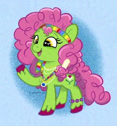 Size: 1894x2048 | Tagged: safe, earth pony, pony, background pony, blue background, g6, green pony, jewelry, pink hair, reboot, reboot series, simple background, unshorn fetlocks, yellow eyes