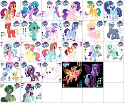 Size: 4200x3500 | Tagged: safe, artist:_yo_meregues_, artist:ghots_of_anarchy, alphabittle blossomforth, argyle starshine, cloudpuff, dahlia, dapple, glory (g5), hitch trailblazer, izzy moonbow, jazz hooves, misty brightdawn, onyx, opaline arcana, peach fizz, phyllis cloverleaf, pipp petals, posey bloom, queen haven, rocky riff, seashell (g5), sparky sparkeroni, sprout cloverleaf, sunny starscout, thunder flap, violette rainbow, zipp storm, zoom zephyrwing, alicorn, dog, dragon, earth pony, flying pomeranian, pegasus, pomeranian, pony, unicorn, g4, g5, my little pony: a new generation, baby, baby dragon, collage, color palette, concave belly, countershading, female, filly, foal, g5 to g4, generation leap, grid, guardsmare, height difference, horn, long legs, lots of characters, male, mane five, mane seven (g5), mane six (g5), mane stripe sunny, mare, my little pony logo, pale belly, pegasus royal guard, physique difference, pippsqueak trio, pippsqueaks, race swap, reference sheet, royal guard, royal sisters (g5), siblings, simple background, sisters, slender, stallion, sunnycorn, tall, thin, white background, winged dog