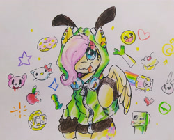 Size: 4096x3288 | Tagged: safe, artist:mirio_p2, fluttershy, bear, pegasus, pony, antonymph, cutiemarks (and the things that bind us), vylet pony, g4, :p, apple, clothes, colored, creeper, creeper (minecraft), donut, ear piercing, epic face, fluttgirshy, food, full color, gauges, gay pride flag, gir, gloomy bear, headphones, hello kitty, hoodie, invader zim, minecraft, ncs, one eye, onion, piercing, pride, pride flag, sanrio, solo, starry eyes, tongue out, traditional art, wingding eyes