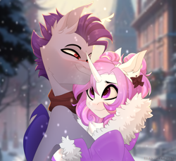 Size: 2834x2592 | Tagged: safe, artist:elektra-gertly, oc, oc:dainty dove, oc:thunder run, bat pony, pony, unicorn, cuddling, duo, female, horn, human shoulders, male, outdoors, winter