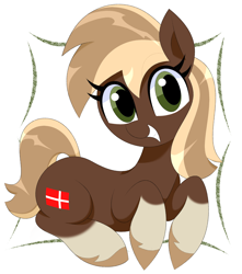 Size: 1752x1980 | Tagged: safe, artist:scandianon, oc, oc only, oc:jutlandmare, earth pony, pony, coat markings, denmark, female, hooves, looking at you, lying down, mare, nation ponies, ponified, prone, simple background, smiling, socks (coat markings), unshorn fetlocks