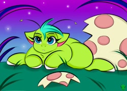 Size: 1400x1000 | Tagged: safe, artist:namelessplaza, oc, oc only, oc:starzie, alien, alien pony, pony, baby, baby pony, egg, female, hatching, night, outdoors, plants, solo, stars