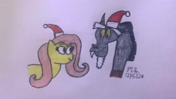 Size: 4032x2268 | Tagged: safe, discord, fluttershy, friendship is magic, g4, my little pony: friendship is magic, 2024, christmas, duo, duo male and female, female, holiday, male, santa hats, smiling