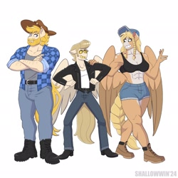 Size: 2048x2048 | Tagged: safe, artist:shallowwin, oc, oc only, oc:chase, earth pony, pegasus, anthro, abs, anthro oc, clothes, commission, country, cousins, cowboy, cowboy hat, earth pony oc, farmer, female, hat, jacket, male, mare, muscles, muscular female, muscular male, pegasus oc, siblings, skinny, stallion, thin