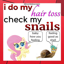 Size: 894x894 | Tagged: safe, edit, fluttershy, snails, original species, pegasus, pony, snail, snail pony, g4, g4.5, my little pony: pony life, 1000 years in photoshop, good as hell, lizzo, meme, pun, shitposting, snailified, wat