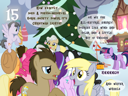 Size: 1440x1080 | Tagged: safe, artist:bronybyexception, applejack, derpy hooves, doctor whooves, mercury, pinkie pie, rainbow swoop, spectrum, starlight glimmer, starry eyes (g4), time turner, twilight sparkle, g4, advent calendar, battery, christmas, christmas tree, holiday, implied time travel, lip gloss, ponyville, self paradox, self ponidox, tree