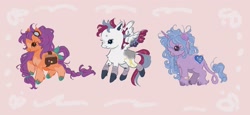 Size: 2047x943 | Tagged: safe, artist:lullabylights-xo, izzy moonbow, sunny starscout, zipp storm, earth pony, pegasus, pony, unicorn, g5, bag, bow, bracelet, chest fluff, female, friendship bracelet, horn, jewelry, leg wraps, leonine tail, mare, redesign, saddle bag, smiling, spread wings, tail, tail bow, trio, trio female, unshorn fetlocks, wings