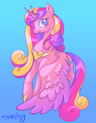 Size: 1594x2048 | Tagged: safe, artist:moormoorfrog, princess cadance, alicorn, pony, g4, female, gradient background, hoof shoes, horn, mare, princess shoes, signature, solo, tail, wings