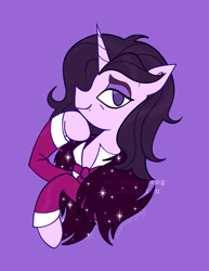 Size: 915x1184 | Tagged: safe, artist:moormoorfrog, oc, oc only, pony, unicorn, clothes, commission, horn, purple background, simple background, smiling, unicorn oc, watermark