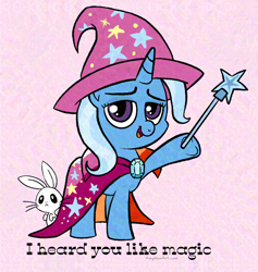 Size: 2410x2540 | Tagged: safe, artist:amynewblue, angel bunny, trixie, unicorn, g4, blue mane, blue pony, cape, clothes, hat, horn, lesbian pride flag, magic wand, pink background, pride, pride flag, purple eyes, simple background, song reference, trixie's cape, trixie's hat