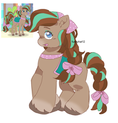 Size: 1960x2048 | Tagged: safe, artist:funnyhat12, horse, bow, cocoa (wild manes), female, hair bow, mare, open mouth, open smile, saddle, screencap reference, signature, smiling, solo, tack, tail, tail bow, unshorn fetlocks, wild manes