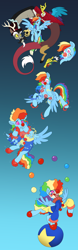 Size: 1280x4106 | Tagged: safe, artist:atcpony, discord, rainbow dash, draconequus, pegasus, pony, g4, balancing, ball, clown, clown makeup, clown nose, commission, fake moustache, female, gradient background, hypnosis, juggling, male, mare, mind control, rainbow afro, red nose, ringmaster, swirly eyes, transformation, transformation sequence