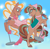 Size: 2048x1999 | Tagged: safe, artist:calaphort, horse, bow, cherie (wild manes), clothes, cocoa (wild manes), duo, duo female, female, hair bow, headscarf, hoof shoes, looking at each other, looking at someone, mare, microphone, open mouth, open smile, rearing, saddle, scarf, signature, singing, smiling, tack, tail, tail bow, wild manes