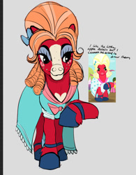 Size: 1070x1374 | Tagged: safe, artist:calaphort, big macintosh, cherry berry, earth pony, pony, brotherhooves social, g4, my little pony: friendship is magic, blaze (coat marking), blushing, bow, clothes, coat markings, crossdressing, dress, eyeshadow, facial markings, hair bow, hoof shoes, makeup, male, orchard blossom, raised hoof, scene interpretation, screencap reference, stallion, wig