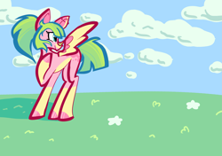 Size: 4299x3024 | Tagged: safe, artist:beetlebuddy, derpibooru exclusive, oc, oc only, oc:sugar lotus, pegasus, colored lineart, female, mare, no cutie marks because im lazy, outdoors, ponytail, raised hoof, short tail, solo, tail, turned head