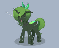 Size: 5250x4250 | Tagged: safe, artist:beachedblooms, oc, oc only, oc:paradigm, changeling, bushy mane, changeling oc, drool, eyelashes, eyes closed, feather, feather in hair, feathers in hair, female, floppy ears, full body, green changeling, green mane, horn, onomatopoeia, open mouth, simple background, sleeping, sleeping standing up, solo, sound effects, standing, zzz