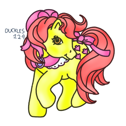 Size: 1500x1500 | Tagged: safe, artist:duckles129, apple bloom, earth pony, pony, g1, g4, apple bloom's bow, bow, female, foal, g4 to g1, generation leap, hair bow, mare, older, older apple bloom, raised hoof, signature, simple background, solo, tail, tail bow, white background