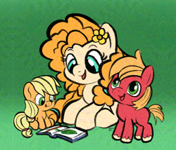 Size: 2490x2130 | Tagged: safe, artist:amynewblue, apple bloom, applejack, big macintosh, pear butter, earth pony, pony, g4, my little pony: friendship is magic, apple family, apple family member, colt, colt big macintosh, cute, family, female, filly, filly applejack, flower, flower in hair, foal, glazed, jackabetes, macabetes, male, mother, pearabetes, reading, sketch, younger